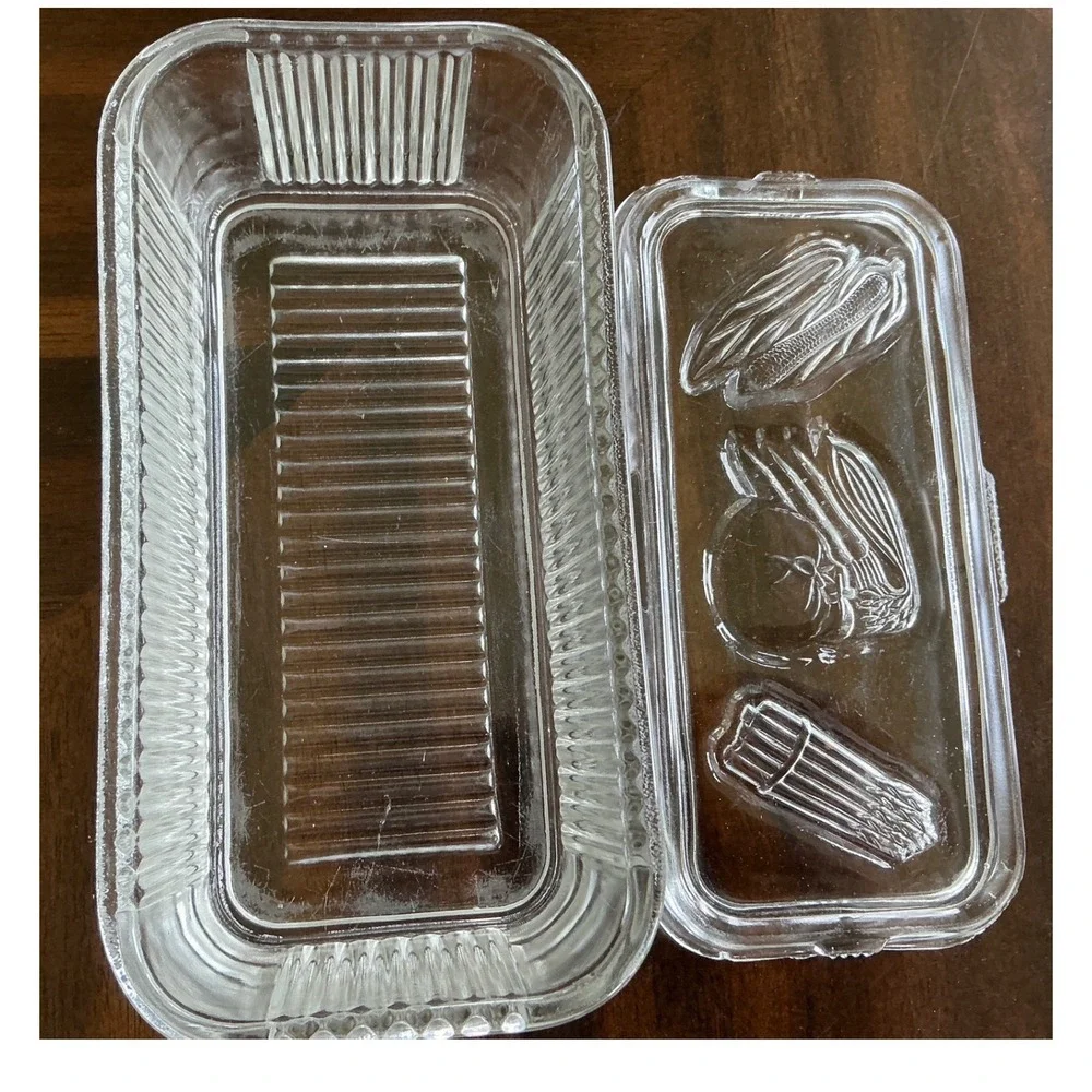 Vintage Glass Refrigerator Dish Embossed Vegetable Lid Ribbed Clear